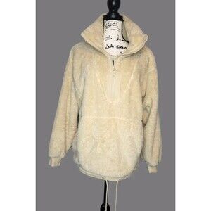 JoyLab Ivory Sherpa Pullover Sweatshirt Women’s L Quarter Zip Kangaroo Pocket